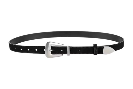 Black Suede Leather Belt with Silver Buckle Single Strap - Sally