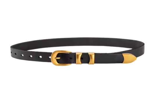 Black Leather Belt with Gold Buckle Double Strap - Mary