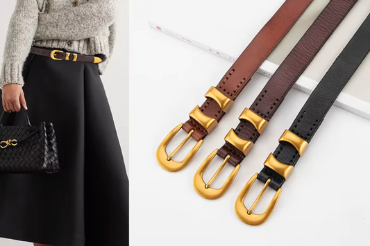 Black Leather Belt with Gold Buckle Double Strap - Mary