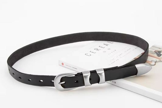 Black Leather Belt with Silver Buckle Double Strap - Mary